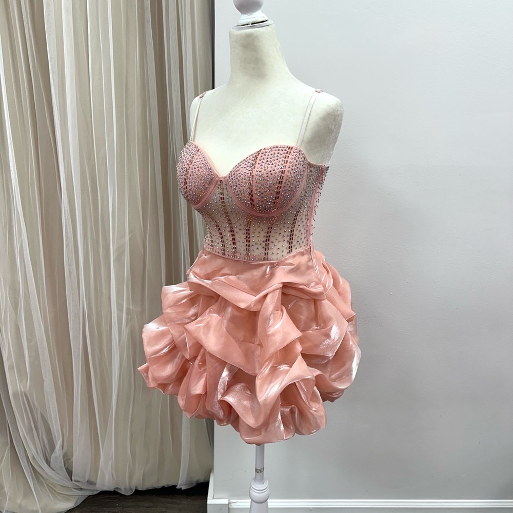 Short Petite Peach Cocktail Dress Bubble Skirt Rhinestone Crystal Bodice Small